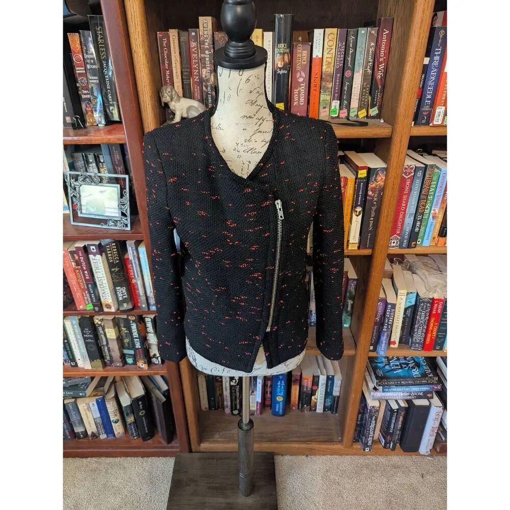 Sandro Paris Black & Red Tweed Moto Jacket Women's Size Small 40